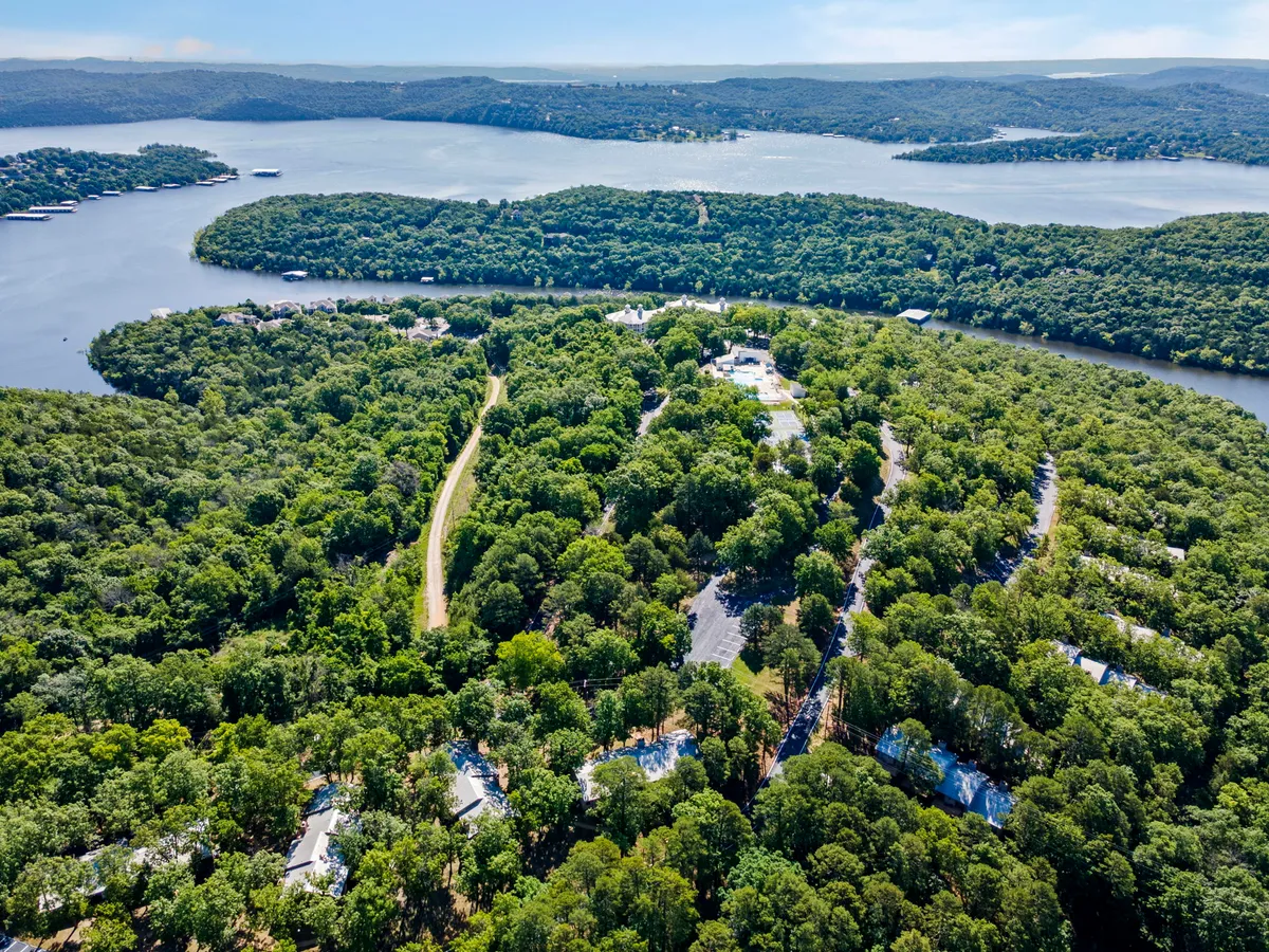 A scenic view over lush greenery, a winding resort road, sparkling water, and scattered homes along the shoreline. The expansive landscape hints at hiking, boating, and exploring the natural beauty of Table Rock Lake.